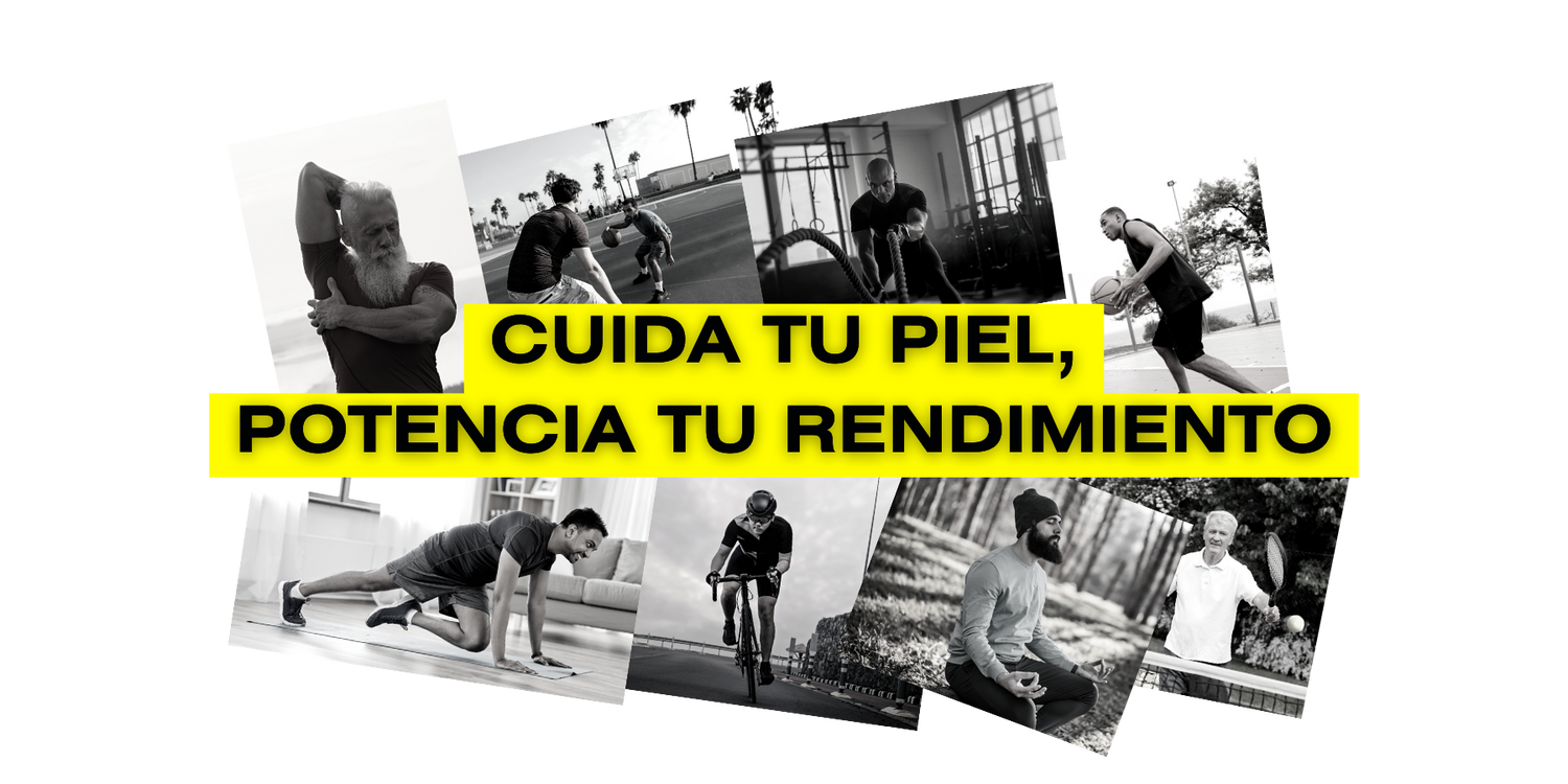 La imagen presenta una serie de fotografías en blanco y negro de personas practicando diversos deportes y actividades físicas, superpuestas con un texto central en letras amarillas que dice: "CUIDA TU PIEL, POTENCIA TU RENDIMIENTO". Esta composición visual destaca la importancia de cuidar la piel para mejorar el rendimiento deportivo, alineándose con la filosofía de nuestra marca de cosmética natural diseñada específicamente para atletas.